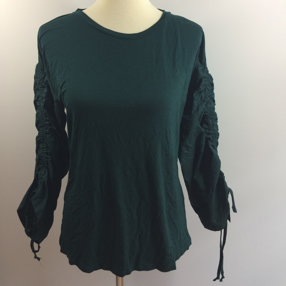NEW INC Crewneck Knit Top Shirred Sleeves Green XL